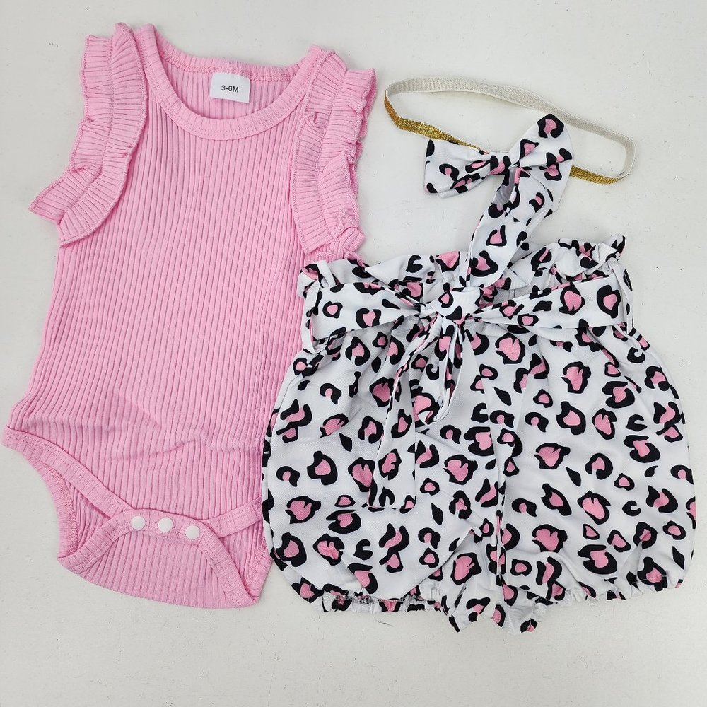 New Baby Girl 3-6 M Months Pink Ruffle Bodysuit & Leopard Print Bloomers Shorts